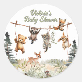 Pegatina Redonda Woodland Animals Clothesline Forest Baby Shower