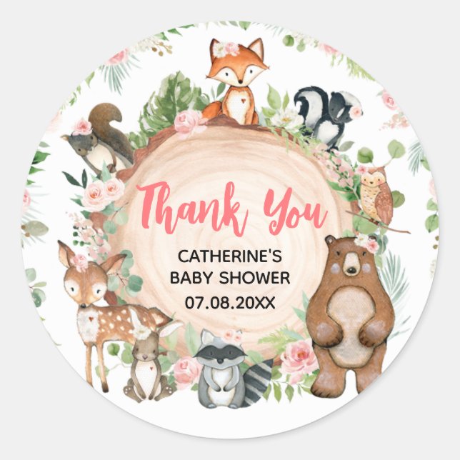Pegatina Redonda Woodland Animals Floral Wood Slice Baby Shower (Anverso)