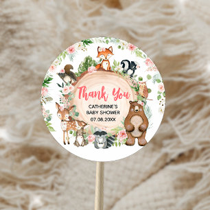 Pegatina Redonda Woodland Animals Floral Wood Slice Baby Shower