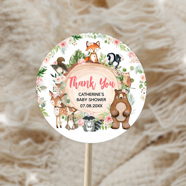 Pegatina Redonda Woodland Animals Floral Wood Slice Baby Shower (Woodland Animals Floral Wood Slice Baby Shower Sticker)