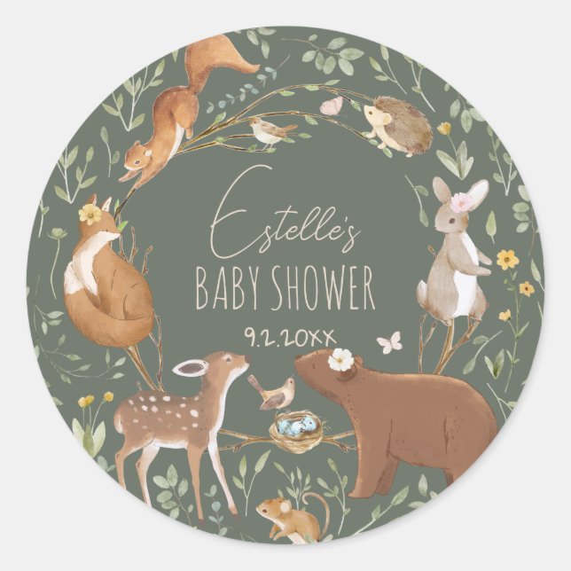 Pegatina Redonda Woodland Animals Forest Friends Baby Shower (Anverso)