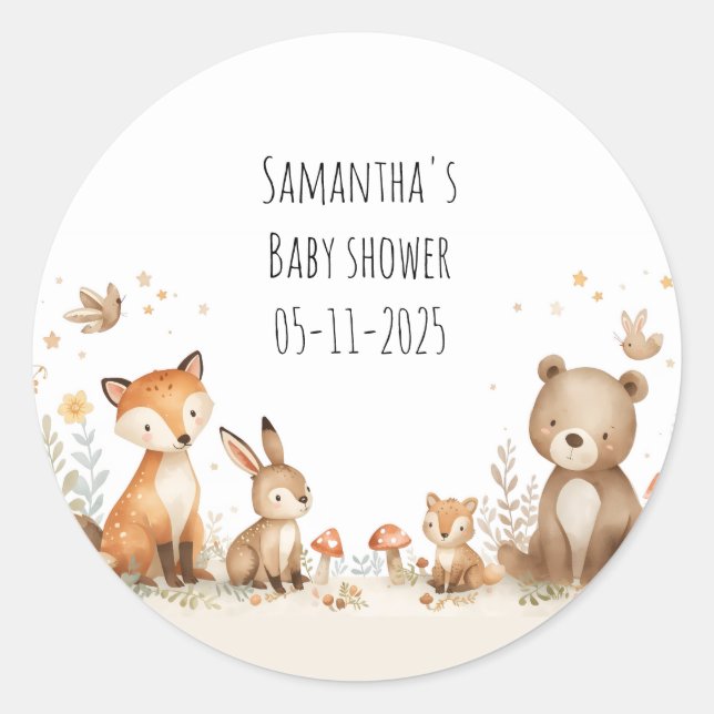 Pegatina Redonda Woodland animals gender neutral baby shower (Anverso)