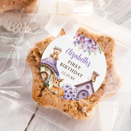 Pegatina Redonda Woodland Animals Girl 1st Birthday Party