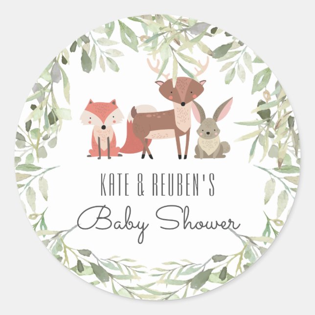 Pegatina Redonda Woodland Animals Parejas Baby Shower (Anverso)