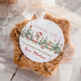 Pegatina Redonda Woodland Animals Pink Winter Forest Girl Birthday