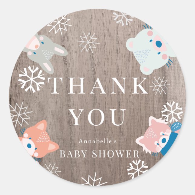 Pegatina Redonda Woodland Animals Snowflakes Wood Baby Shower (Anverso)