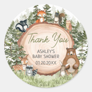Pegatina Redonda Woodland Animals Wood Slice Baby Shower