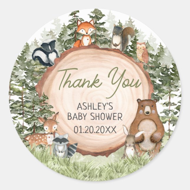 Pegatina Redonda Woodland Animals Wood Slice Baby Shower (Anverso)