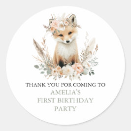 Pegatina Redonda Woodland Boho Fox Chica Birthday Personalizado