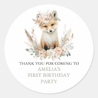 Pegatina Redonda Woodland Boho Fox Chica Birthday Personalizado