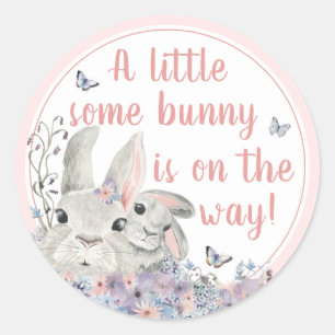 Pegatina Redonda Woodland Bunnies Floral Pink Baby Shower