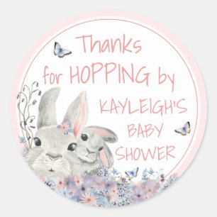 Pegatina Redonda Woodland Bunnies Floral Pink Baby Shower Gracias