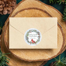 Pegatina Redonda Woodland Christmas Wreath, Cardinal, Snowflakes