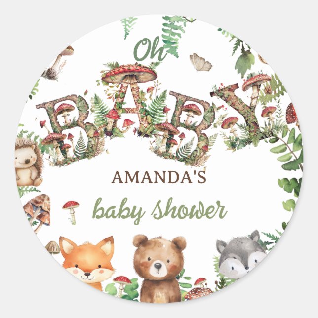 Pegatina Redonda Woodland Cute Animals Greenery Baby Shower (Anverso)