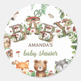 Pegatina Redonda Woodland Cute Animals Greenery Baby Shower