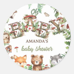 Pegatina Redonda Woodland Cute Animals Greenery Baby Shower