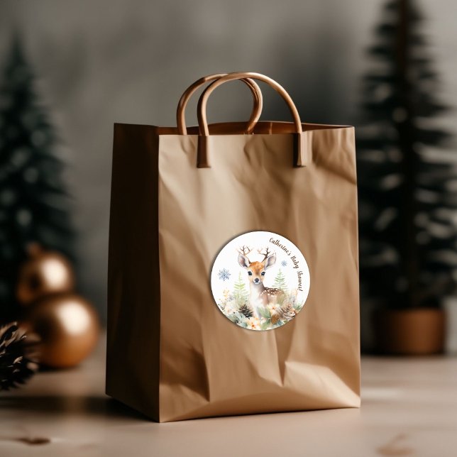 Pegatina Redonda Woodland Deer Animal Baby Shower (Winter Deer Gender Neutral Baby Shower Classic Round Sticker)