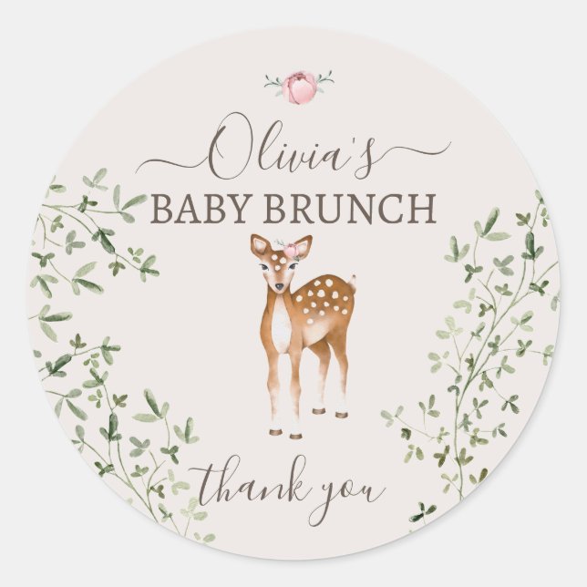 Pegatina Redonda Woodland Deer Baby Shower (Anverso)