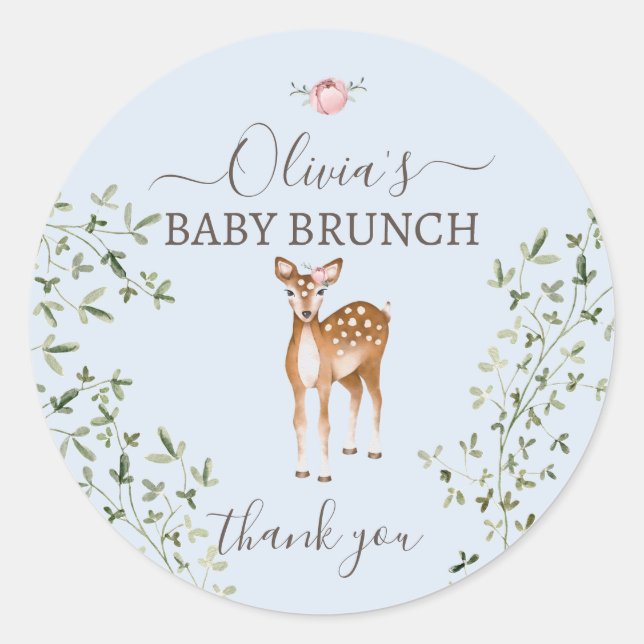 Pegatina Redonda Woodland Deer Baby Shower (Anverso)