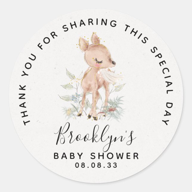 Pegatina Redonda Woodland Deer Baby Shower Gracias (Anverso)