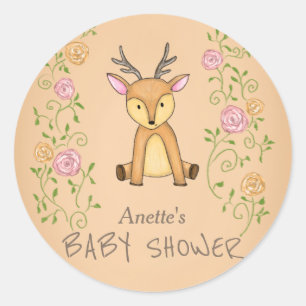 Pegatina Redonda Woodland Deer Flowers Forest Baby Shower