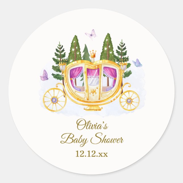 Pegatina Redonda Woodland Fairytale Princess Carriage Baby Shower (Anverso)