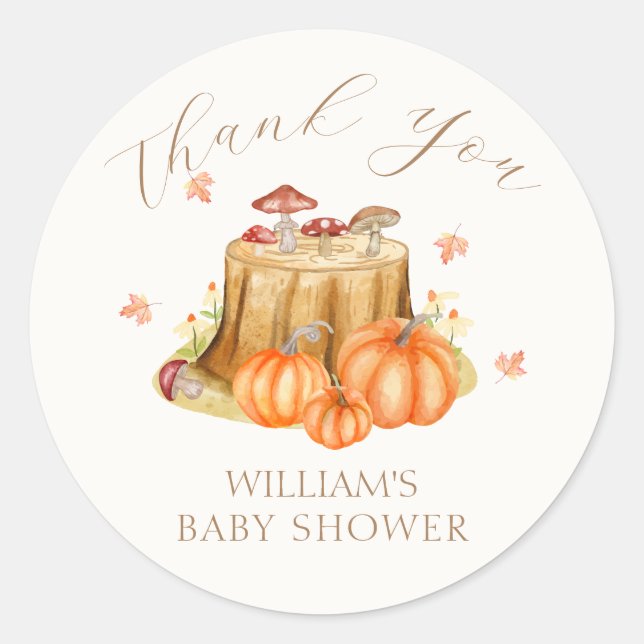 Pegatina Redonda Woodland Fall Pumpkin Mushroom Baby Shower (Anverso)