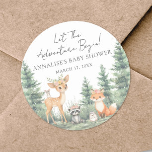 Pegatina Redonda Woodland Forest Animals Adventure Baby Shower