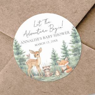 Pegatina Redonda Woodland Forest Animals Adventure Baby Shower