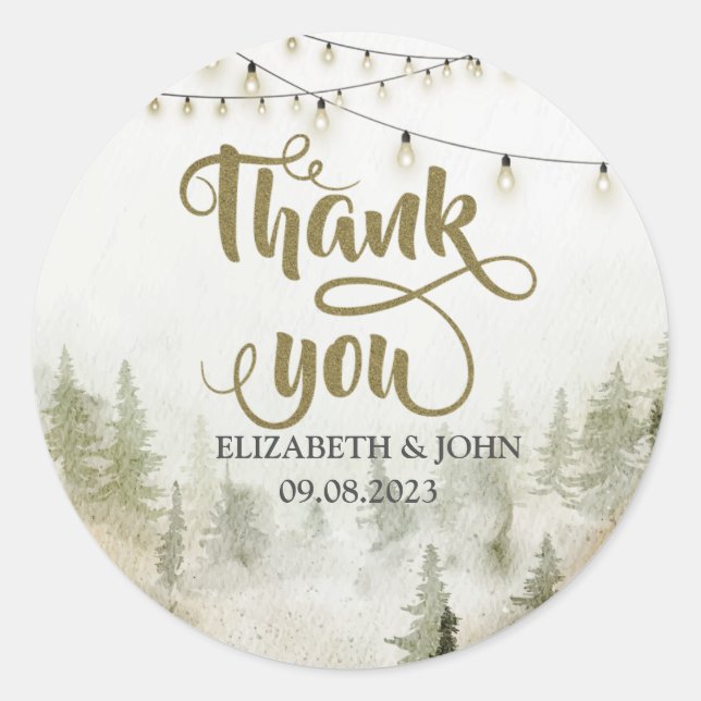 Pegatina Redonda Woodland, Forest, Pine Trees, String Lights Gracia (Anverso)