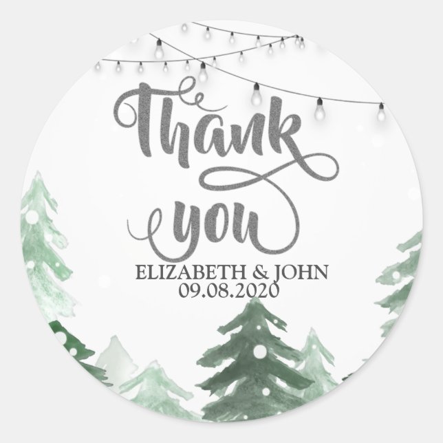 Pegatina Redonda Woodland, Forest String Lights Gracias Boda (Anverso)