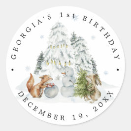 Pegatina Redonda Woodland Forest Winter Birthday Party Gracias