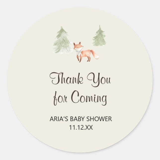 Pegatina Redonda Woodland Fox Baby Shower Favor (Anverso)