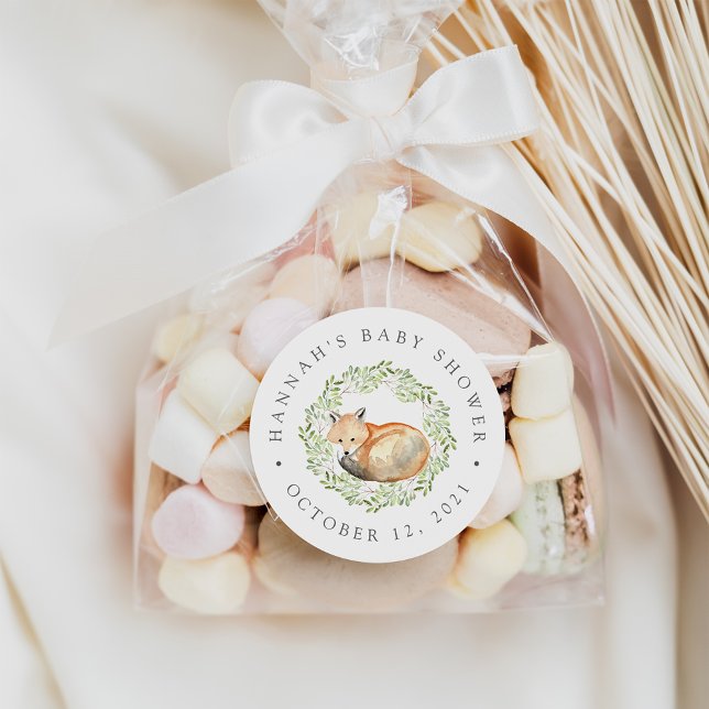 Pegatina Redonda Woodland Fox Baby Shower Favor (Subido por el creador)