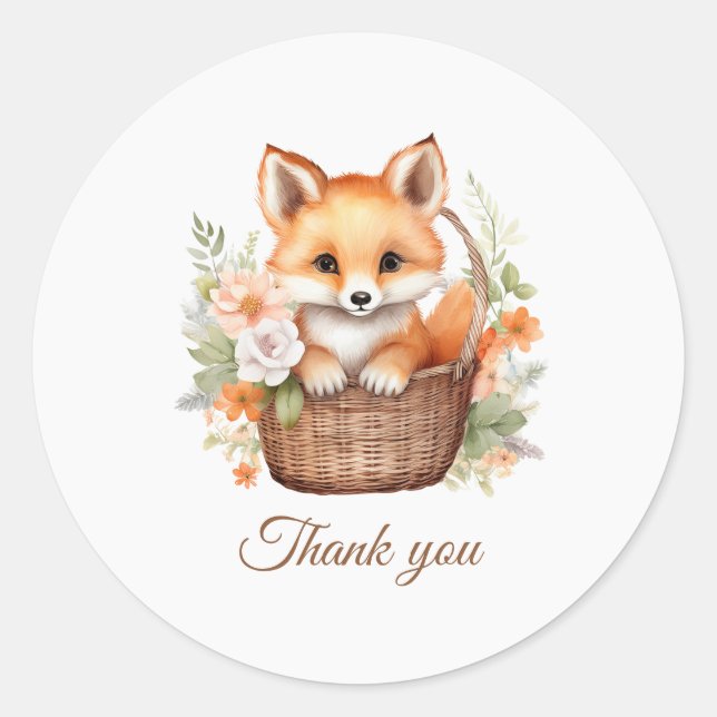 Pegatina Redonda Woodland Fox Baby Shower Thank You  (Anverso)