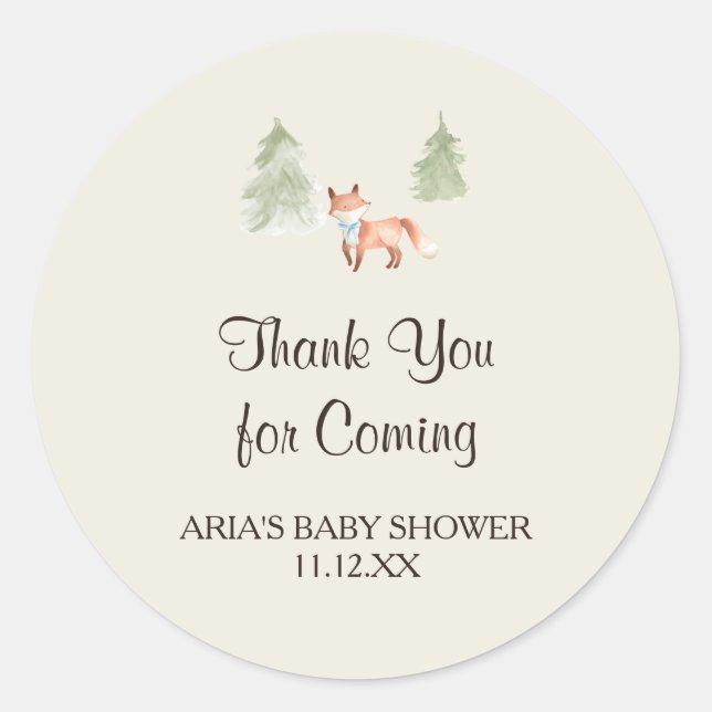 Pegatina Redonda Woodland Fox Boy Baby Shower Favor (Anverso)