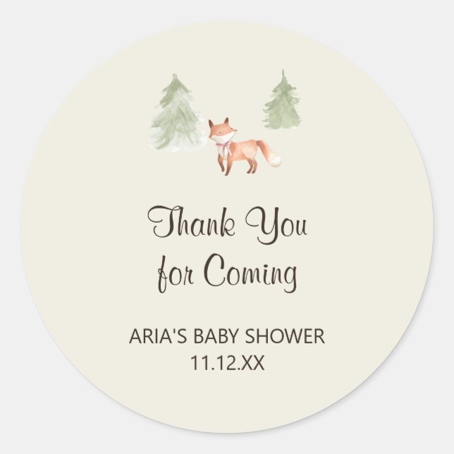 Pegatina Redonda Woodland Fox Chica Baby Shower Favor (Anverso)