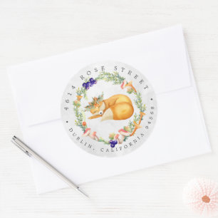 Pegatina Redonda Woodland Fox   Dirección de devolución del bebé fo