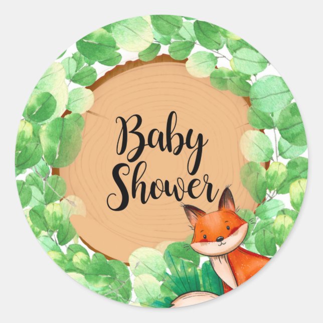 Pegatina Redonda Woodland Fox Greenery Baby Shower (Anverso)