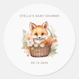 Pegatina Redonda Woodland Fox Watercolor Baby Shower Personalized