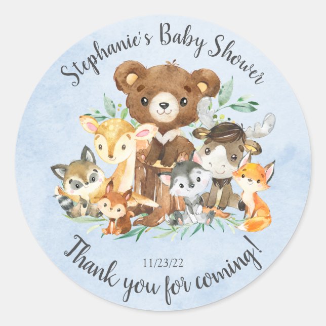 Pegatina Redonda Woodland Friends Boys Baby Shower (Anverso)