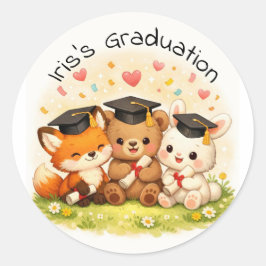Pegatina Redonda Woodland Graduation Cute Animal Party 