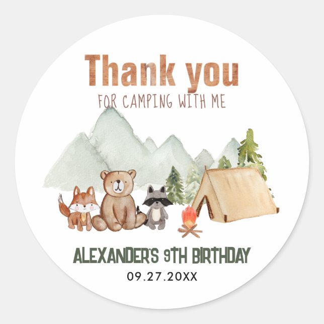Pegatina Redonda Woodland Happy Camper Camping Cumpleaños Gracias (Anverso)