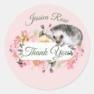 Pegatina Redonda Woodland Hedgehog Chicas rosados bautizan bautismo