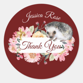 Pegatina Redonda Woodland Hedgehog Christening Baptism Burgundy