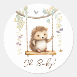 Pegatina Redonda Woodland Hedgehog Floral Oh Baby Shower