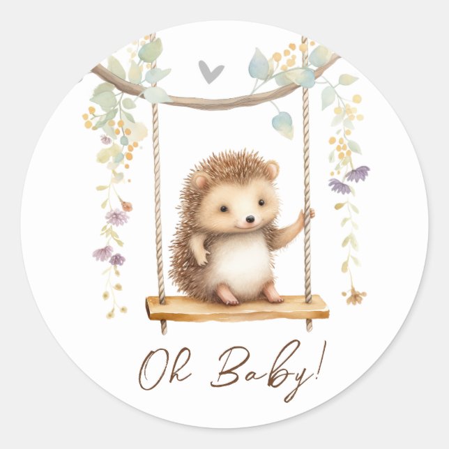 Pegatina Redonda Woodland Hedgehog Floral Oh Baby Shower (Anverso)