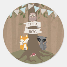 Pegatina Redonda Woodland inspiró a Woodland Baby Shower Boy