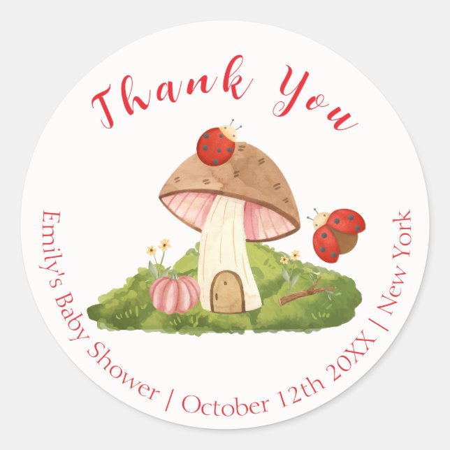Pegatina Redonda Woodland Ladybug Mushroom Baby Shower Gracias (Anverso)