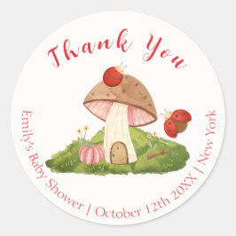 Pegatina Redonda Woodland Ladybug Mushroom Baby Shower Gracias